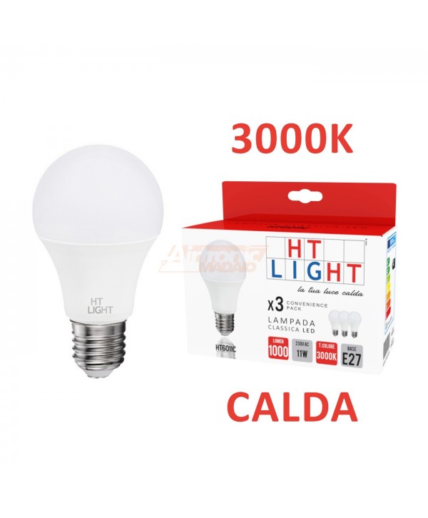 BOX 3 LAMPADINE LED E27 11W 230V LUCE CALDA
